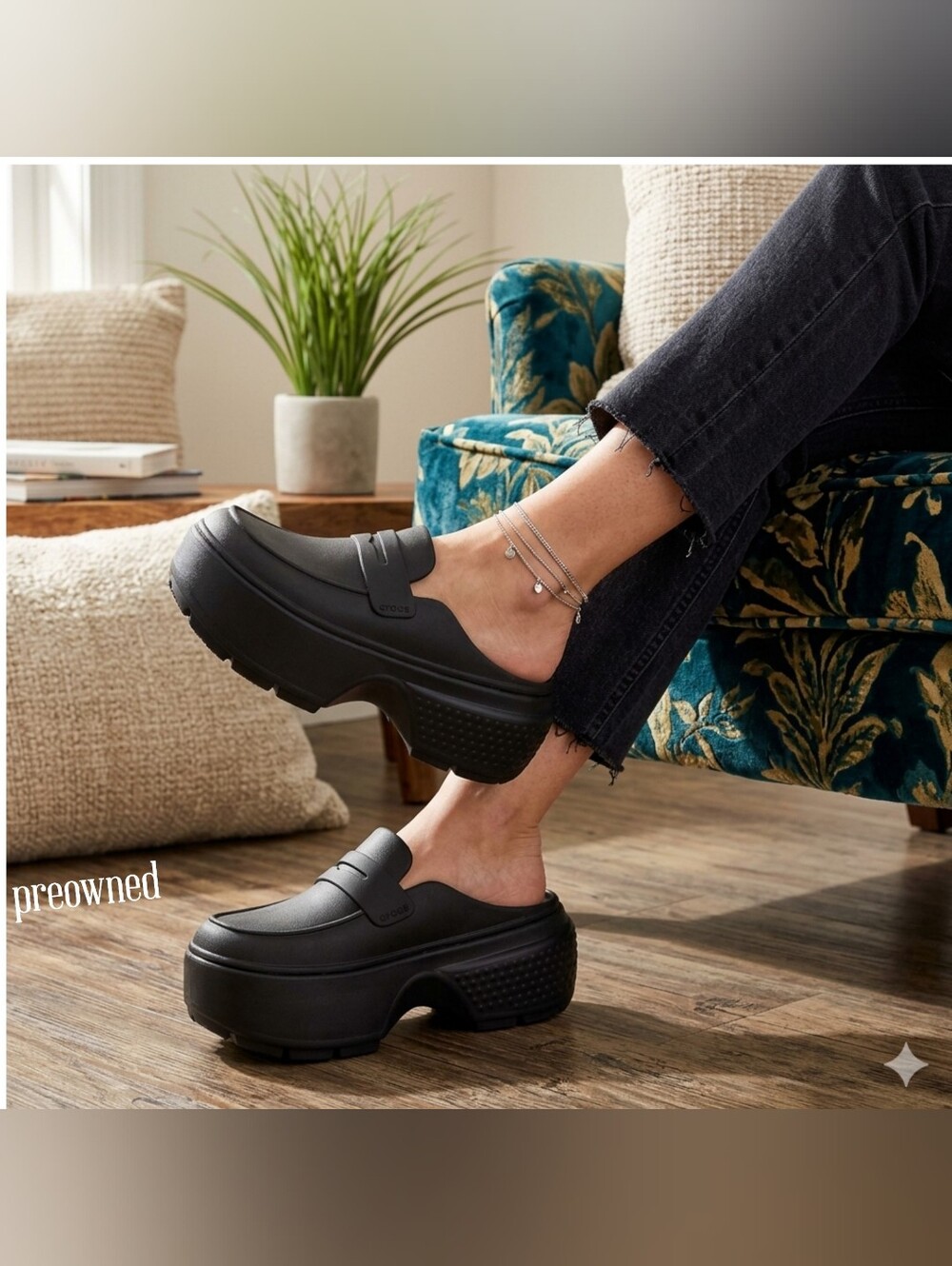 Crocs Chunky Platform Lugged Stomp Loafers Mules Black Sz W10 M8 - Picture 4 of 12